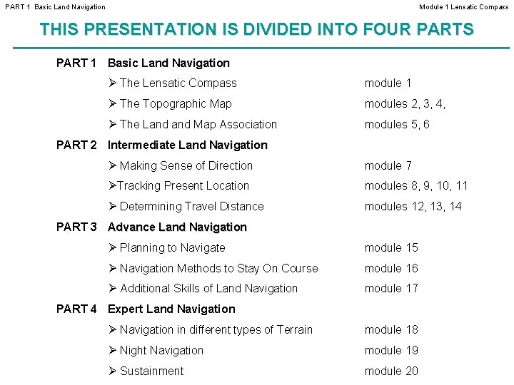 PART 1 Basic Land Navigation Module 1 Lensatic Compass THIS PRESENTATION IS DIVIDED INTO