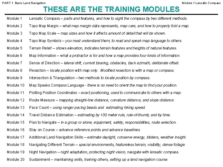 PART 1 Basic Land Navigation Module 1 Lensatic Compass THESE ARE THE TRAINING MODULES