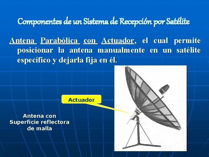 Componentes de un Sistema de Recepción por Satélite Antena Parabólica con Actuador, el cual