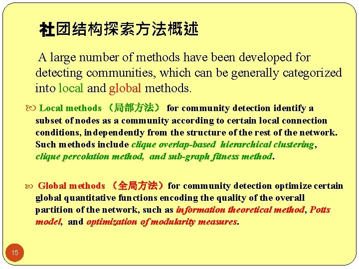 社团结构探索方法概述 A large number of methods have been developed for detecting communities, which can