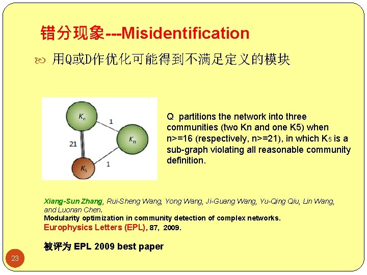 错分现象---Misidentification 用Q或D作优化可能得到不满足定义的模块 Q partitions the network into three communities (two Kn and one K