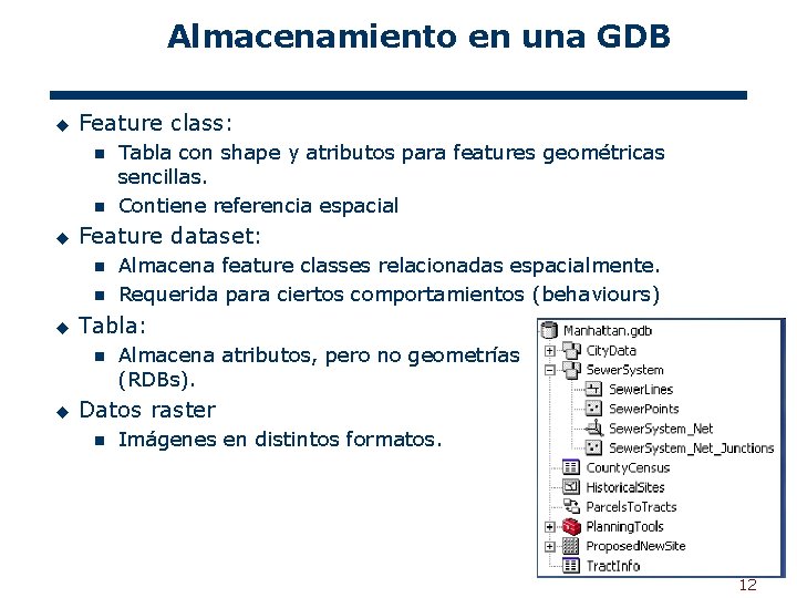 Almacenamiento en una GDB u Feature class: n n u Feature dataset: n n