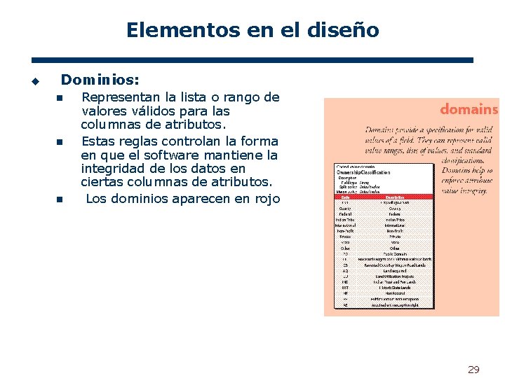 Elementos en el diseño u Dominios: n n n Representan la lista o rango