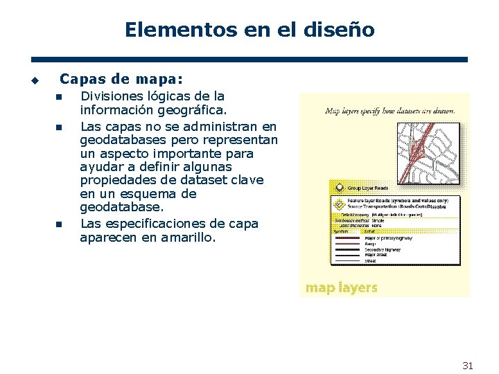 Elementos en el diseño u Capas de mapa: n n n Divisiones lógicas de
