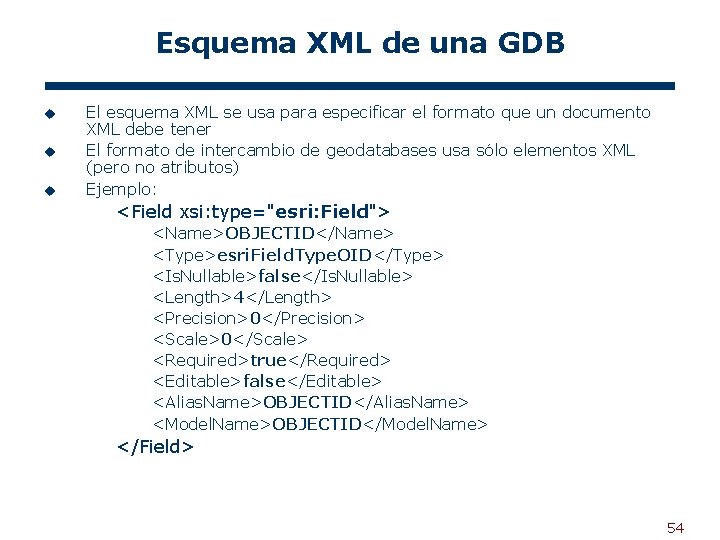 Esquema XML de una GDB u u u El esquema XML se usa para