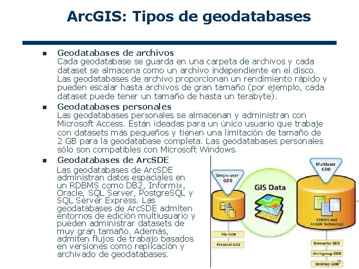 Arc. GIS: Tipos de geodatabases n n n Geodatabases de archivos Cada geodatabase se