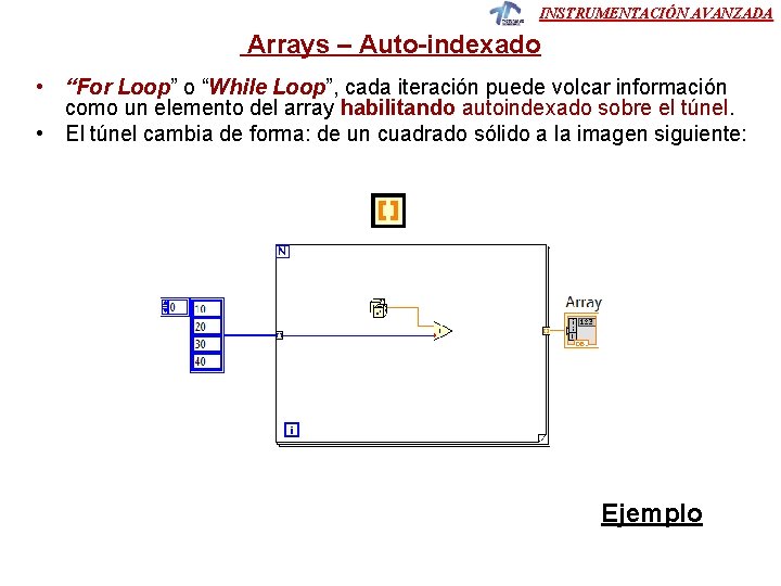 INSTRUMENTACIÓN AVANZADA Arrays – Auto-indexado • “For Loop” o “While Loop”, cada iteración puede