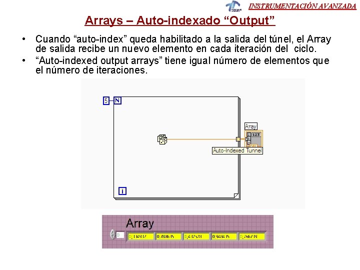 INSTRUMENTACIÓN AVANZADA Arrays – Auto-indexado “Output” • Cuando “auto-index” queda habilitado a la salida INSTRUMENTACIÓN AVANZADA Arrays – Auto-indexado “Output” • Cuando “auto-index” queda habilitado a la salida