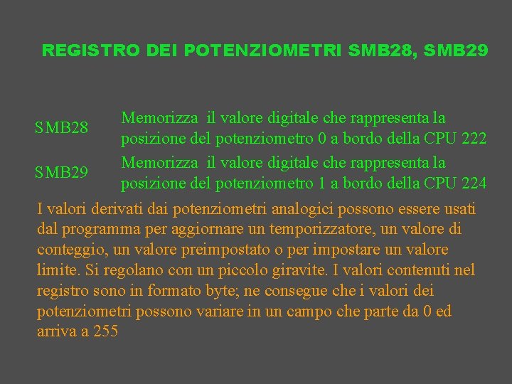 REGISTRO DEI POTENZIOMETRI SMB 28, SMB 29 Memorizza il valore digitale che rappresenta la