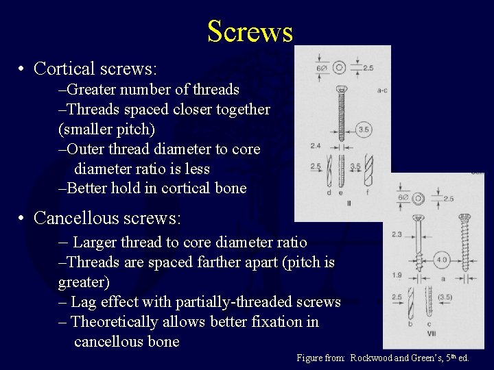Screws • Cortical screws: –Greater number of threads –Threads spaced closer together (smaller pitch)