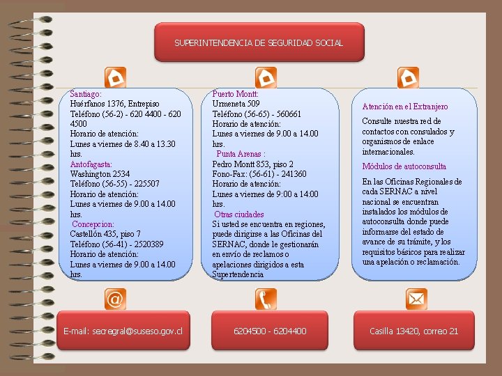 SUPERINTENDENCIA DE SEGURIDAD SOCIAL Santiago: Huérfanos 1376, Entrepiso Teléfono (56 -2) - 620 4400