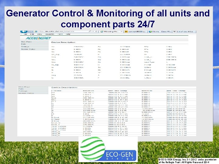 Generator Control & Monitoring of all units and component parts 24/7 © ECO-GEN Energy,