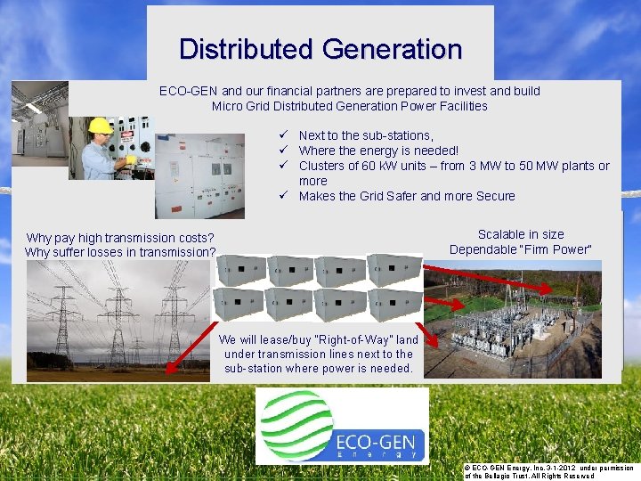 Distributed Generation STRATEGIC ACTIONS PLAN ECO-GEN and our financial partners are prepared to invest