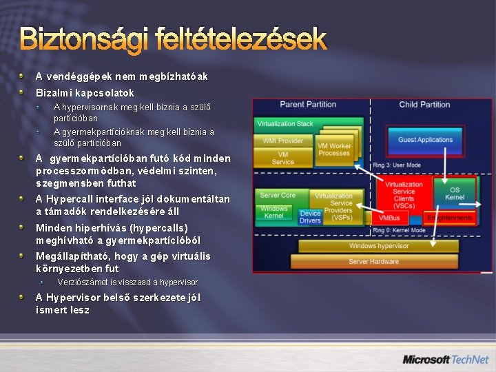 Biztonsági feltételezések A vendéggépek nem megbízhatóak Bizalmi kapcsolatok A hypervisornak meg kell bíznia a