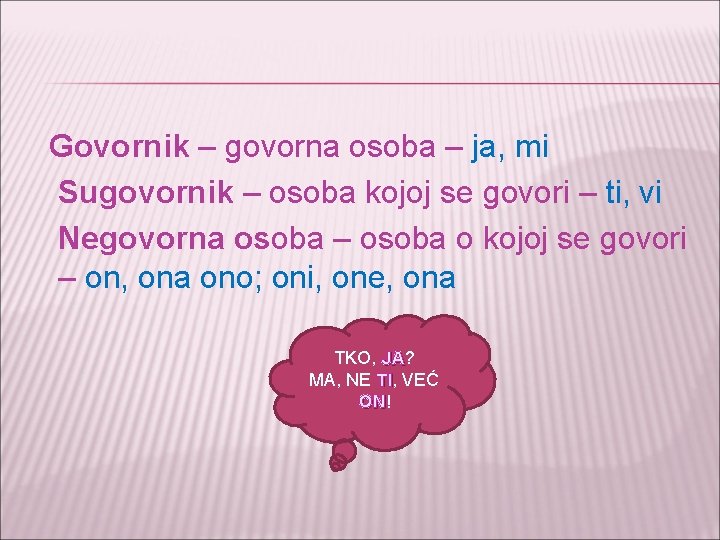 Govornik – govorna osoba – ja, mi Sugovornik – osoba kojoj se govori –