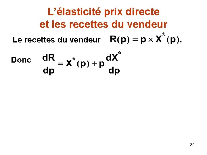 L’élasticité prix directe et les recettes du vendeur Le recettes du vendeur Donc 30