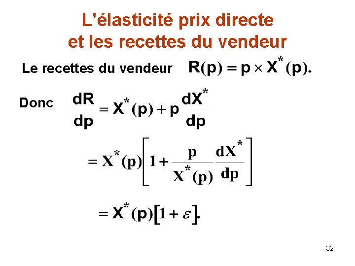 L’élasticité prix directe et les recettes du vendeur Le recettes du vendeur Donc 32