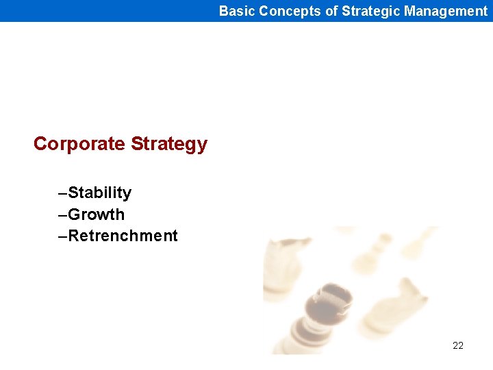 Basic Concepts of Strategic Management Corporate Strategy –Stability –Growth –Retrenchment 22 