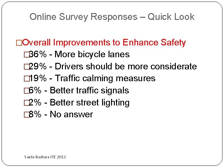 Online Survey Responses – Quick Look �Overall Improvements to Enhance Safety � 36% -