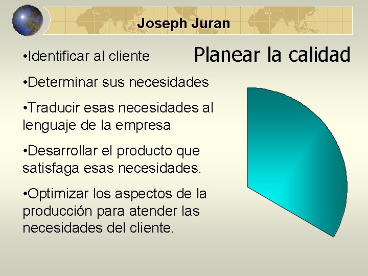 Joseph Juran • Identificar al cliente Planear la calidad • Determinar sus necesidades •