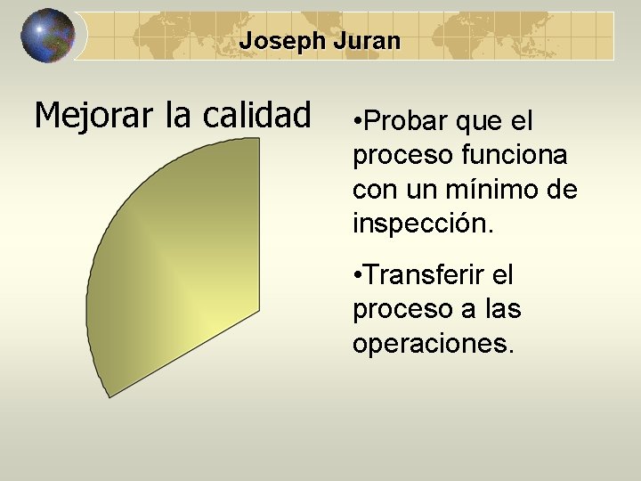 Joseph Juran Mejorar la calidad • Probar que el proceso funciona con un mínimo