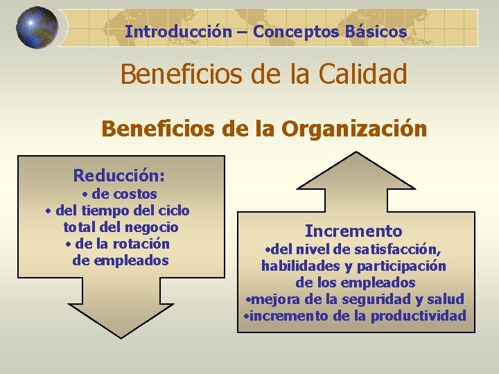 Introducción – Conceptos Básicos Beneficios de la Calidad Beneficios de la Organización Reducción: •