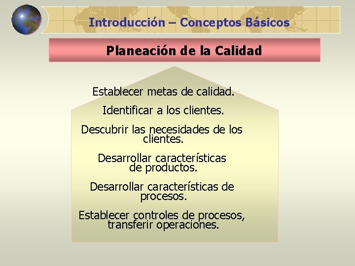 Introducción – Conceptos Básicos Planeación de la Calidad Establecer metas de calidad. Identificar a