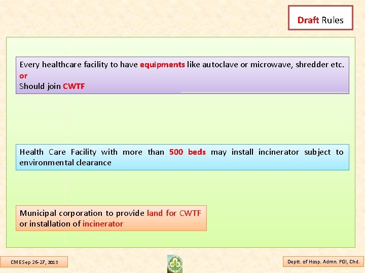 Draft Rules Every healthcare facility to have equipments like autoclave or microwave, shredder etc.