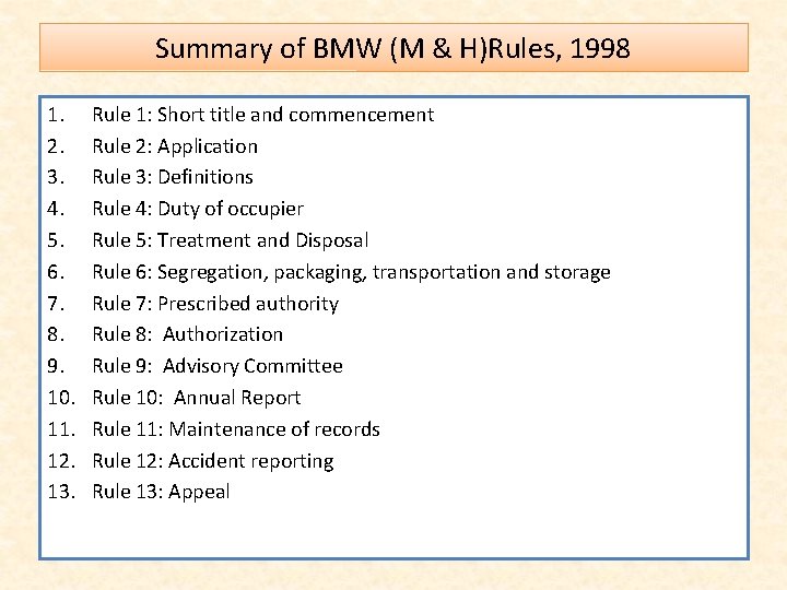Summary of BMW (M & H)Rules, 1998 1. 2. 3. 4. 5. 6. 7.
