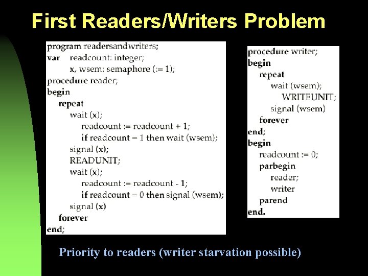 First Readers/Writers Problem Priority to readers (writer starvation possible) 