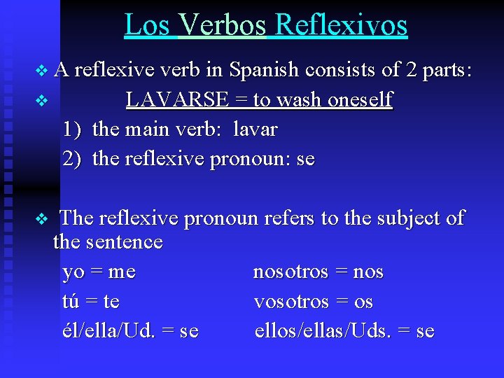 Los Verbos Reflexivos v A reflexive verb in Spanish consists of 2 parts: v