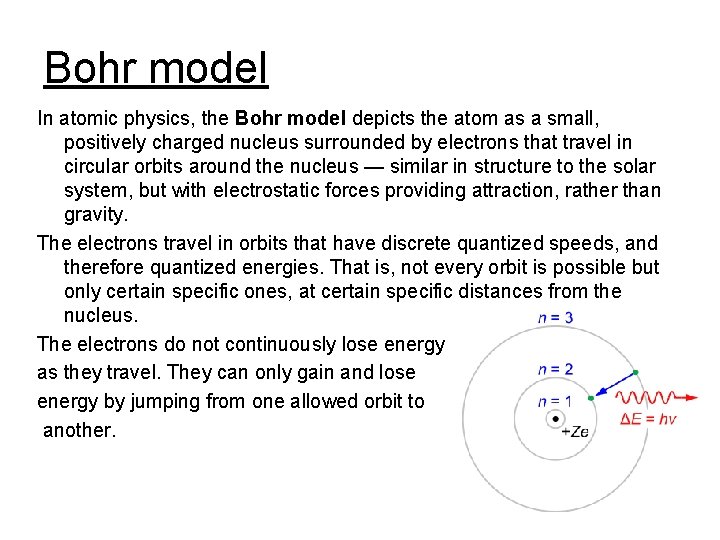  Bohr model In atomic physics, the Bohr model depicts the atom as a