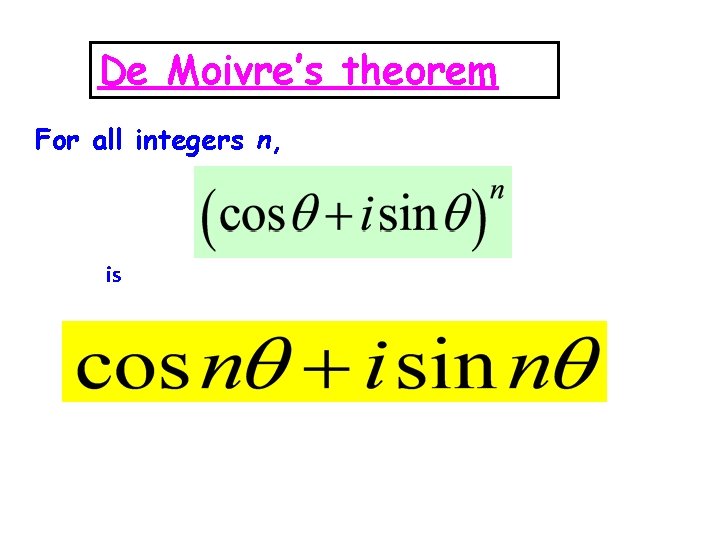 De Moivre’s theorem For all integers n, is 