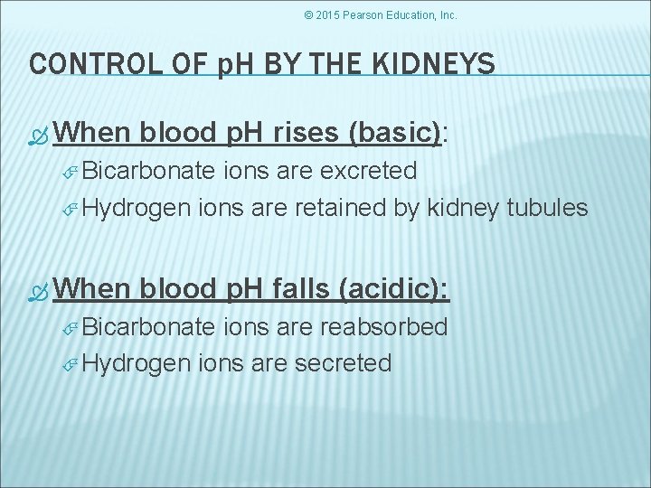 © 2015 Pearson Education, Inc. CONTROL OF p. H BY THE KIDNEYS When blood