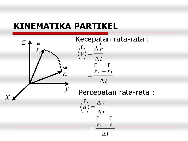 KINEMATIKA PARTIKEL Kecepatan rata-rata : Percepatan rata-rata : 