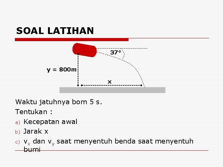 SOAL LATIHAN 37° y = 800 m x Waktu jatuhnya bom 5 s. Tentukan