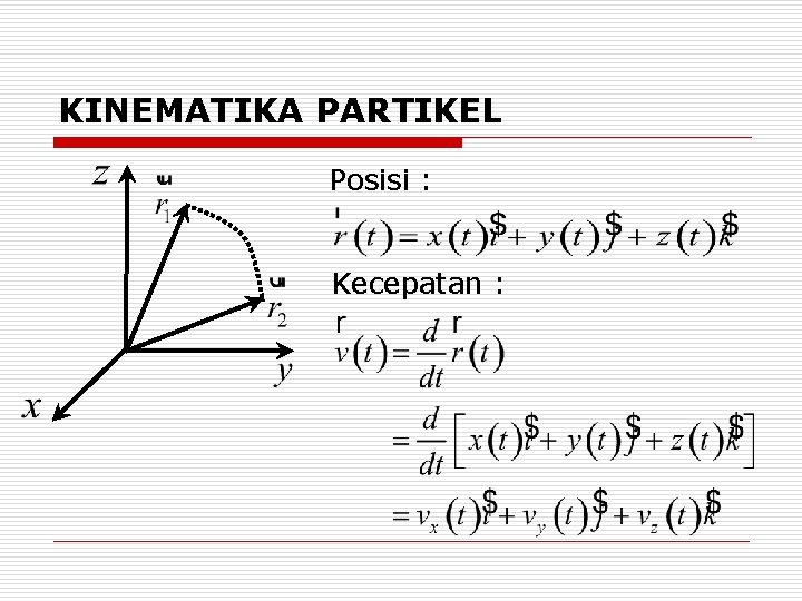 KINEMATIKA PARTIKEL Posisi : Kecepatan : 