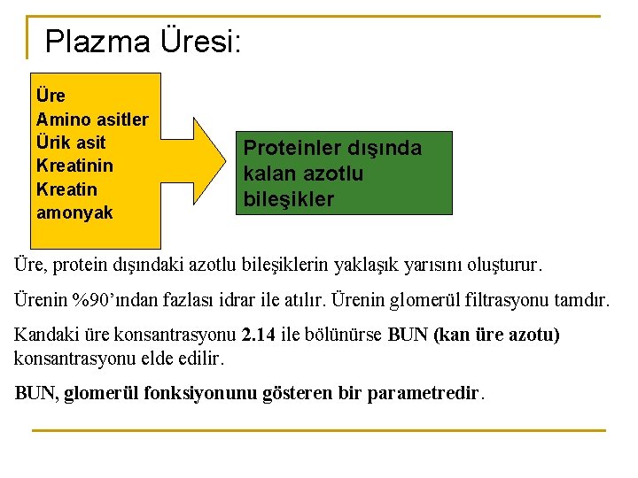 Plazma Üresi: Üre Amino asitler Ürik asit Kreatinin Kreatin amonyak Proteinler dışında kalan azotlu