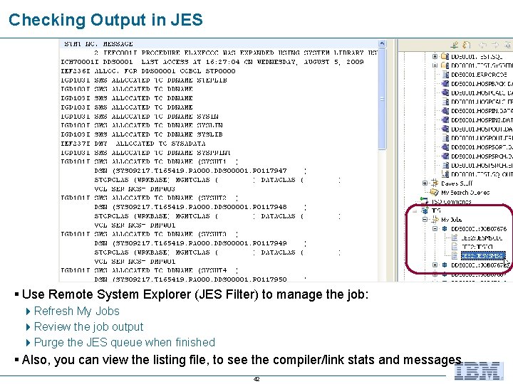Checking Output in JES § Use Remote System Explorer (JES Filter) to manage the