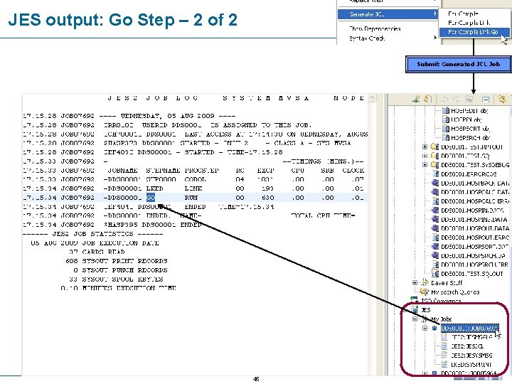 JES output: Go Step – 2 of 2 Submit Generated JCL Job 45 