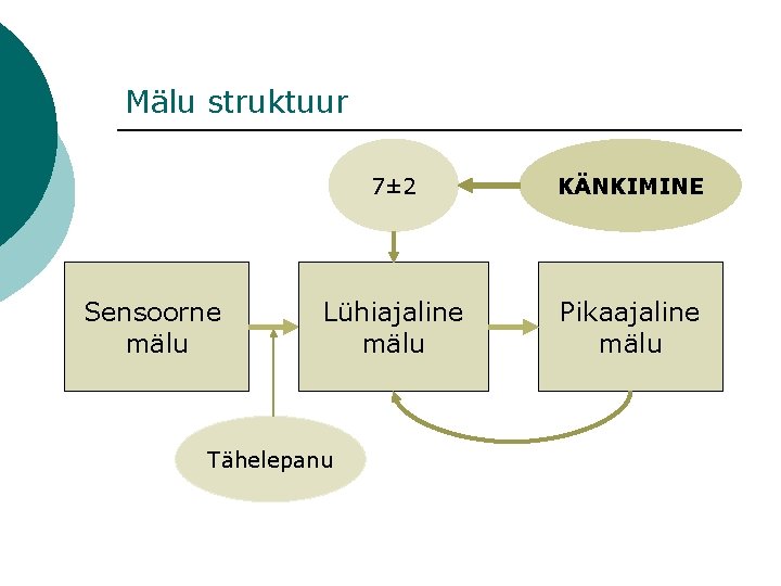 Mälu struktuur Sensoorne mälu 7± 2 KÄNKIMINE Lühiajaline mälu Pikaajaline mälu Tähelepanu Mälu struktuur Sensoorne mälu 7± 2 KÄNKIMINE Lühiajaline mälu Pikaajaline mälu Tähelepanu
