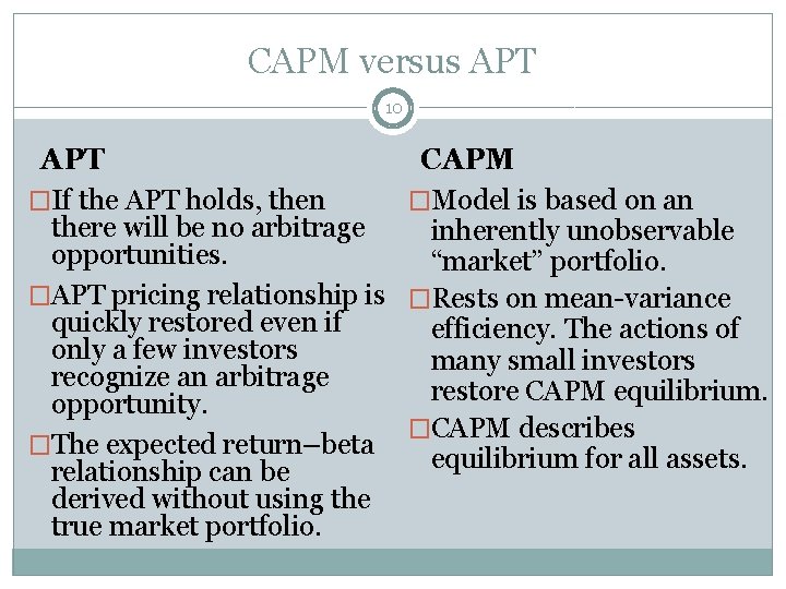 CAPM versus APT 10 APT CAPM �If the APT holds, then �Model is based