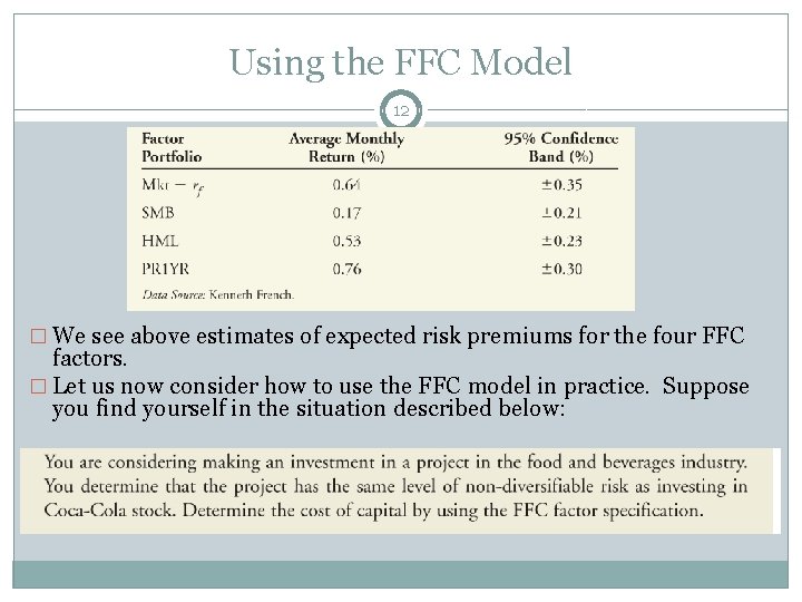 Using the FFC Model 12 � We see above estimates of expected risk premiums