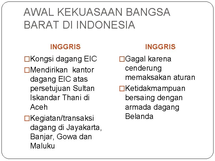 AWAL KEKUASAAN BANGSA BARAT DI INDONESIA INGGRIS �Kongsi dagang EIC �Gagal karena �Mendirikan kantor