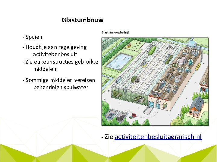 Glastuinbouw - Spuien - Houdt je aan regelgeving activiteitenbesluit - Zie etiketinstructies gebruikte middelen