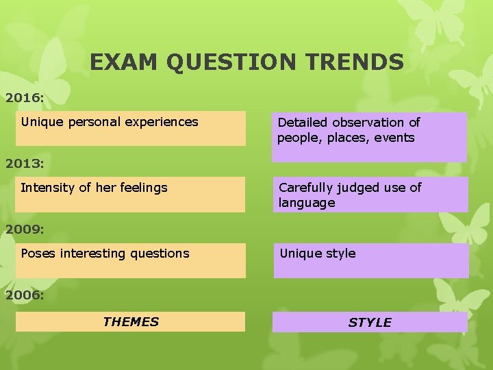 EXAM QUESTION TRENDS 2016: Unique personal experiences Detailed observation of people, places, events 2013: