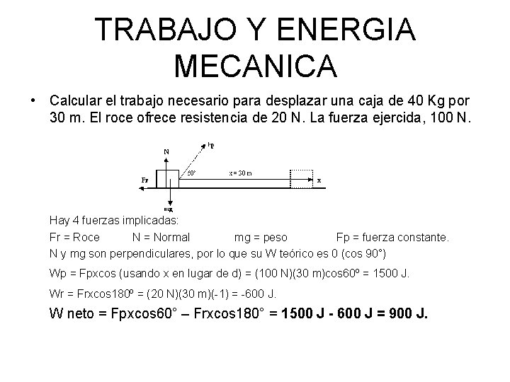 TRABAJO Y ENERGIA MECANICA • Calcular el trabajo necesario para desplazar una caja de