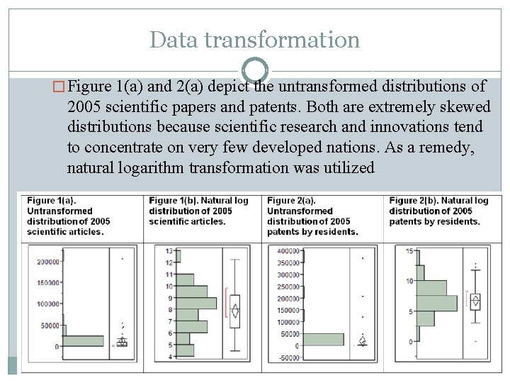 Data transformation � Figure 1(a) and 2(a) depict the untransformed distributions of 2005 scientific