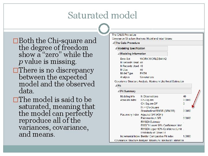 Saturated model �Both the Chi-square and the degree of freedom show a “zero” while