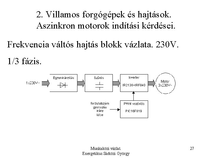 2. Villamos forgógépek és hajtások. Aszinkron motorok indítási kérdései. Frekvencia váltós hajtás blokk vázlata.